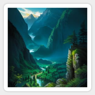 Overlook of a Lush, Misty, Green Temperate Rainforest Canyon Sticker